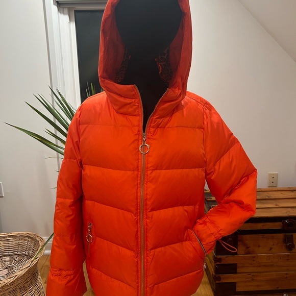 CAVALLI CLASS Woman's Orange Puff Bomber Jacket with hood, Animal Print lining - Picture 2 of 8